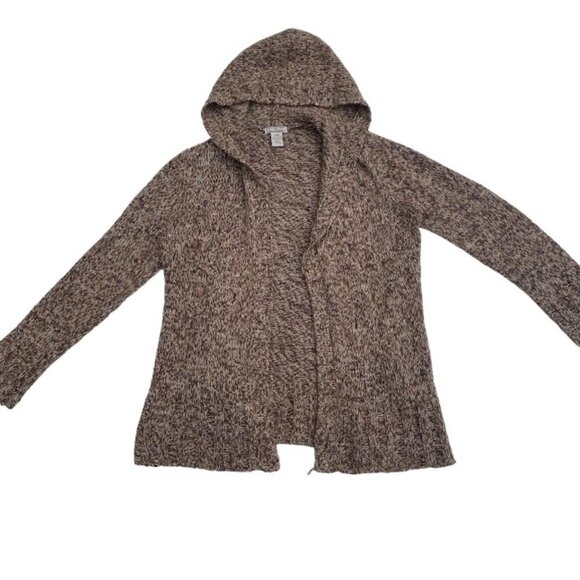 Open Knit Y2K Earthy Fairy Grunge Long Hooded Brown Cardigan Sweater - Picture 2 of 5